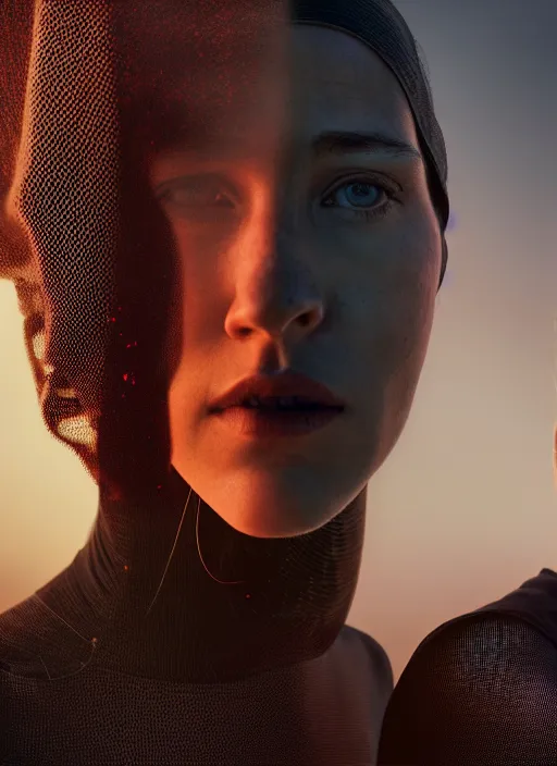 Image similar to cinestill 5 0 d photographic portrait by steve mccurry of two loving female androids wearing rugged black mesh techwear on a desolate plain with a red sky, extreme closeup, cyberpunk style, dust storm, 8 k, hd, high resolution, 3 5 mm, f / 3 2, ultra realistic faces, ex machina