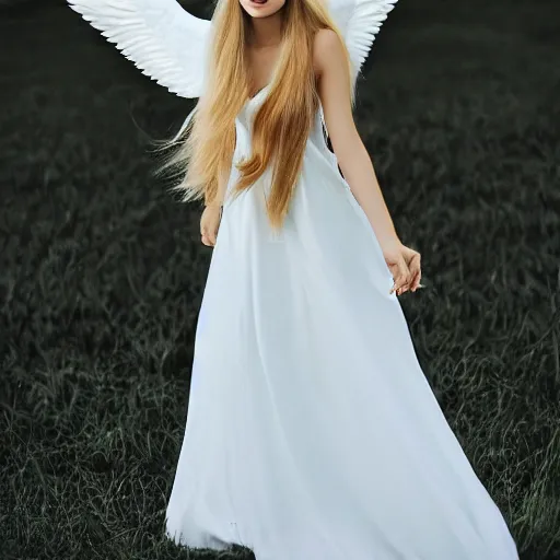 Prompt: of cute 2 0 year old female angel with long blonde hair and white dress