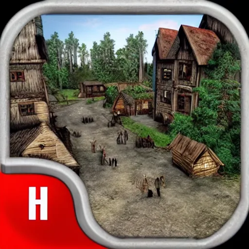 Image similar to hunted medieval town on the edge of dark forest, werewolf attack on villagers, hd, street view