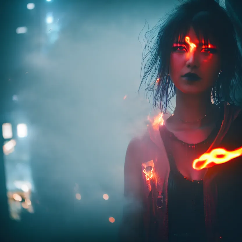 Image similar to a photo close up cyberpunk woman, fire dance in cyberpunk dirty alley, smoke mist rain, cyberpunk gunma prefecture, midnight, photorealistic, cinematic color, studio lighting, highly detailed, bokeh, style by tomino - sama