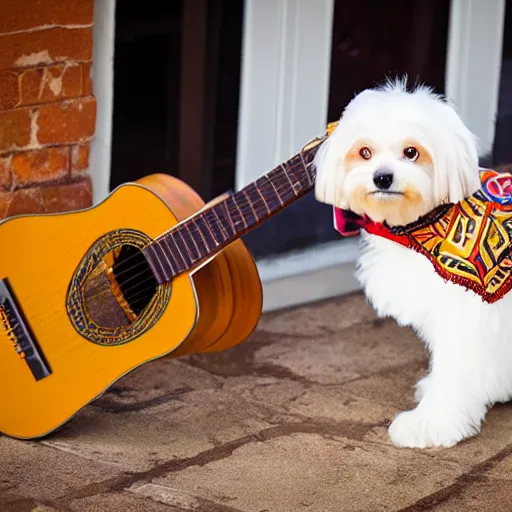 Image similar to a cream-colored Havanese dog dressed as a mariachi musician, playing the guitar, Leica 35mm, 4K