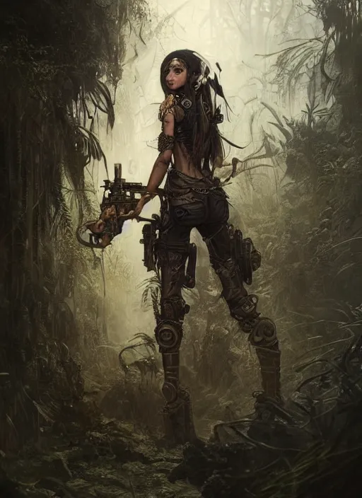 Prompt: cover illustration of a young very beautiful cute tribal woman with a steampunk gun, in a post apocalyptic city overgrown with lush vegetation, by Luis Royo, by Greg Rutkowski, dark, gritty, intricate, concept art, volumetric lighting, volumetric atmosphere, octane render, trending on artstation, 8k