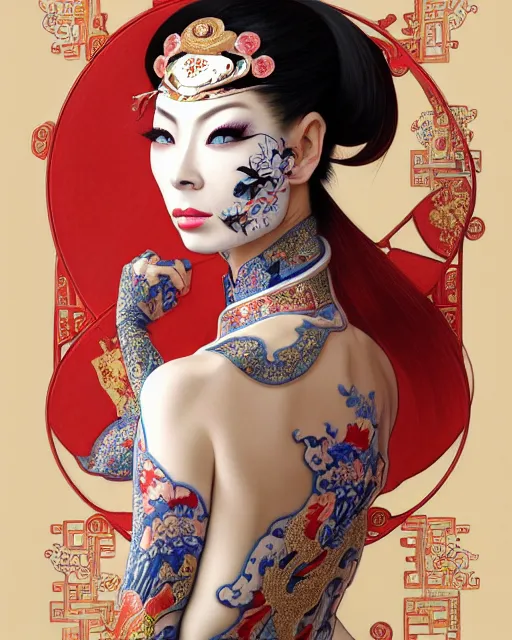Prompt: portrait of isabelledeltore, machine face, upper half portrait, decorated with chinese opera motifs, asian, fine china, traditional chinese art, intricate, elegant, highly detailed, symmetry, headpiece, digital painting, artstation, concept art, smooth, sharp focus, illustration, art by artgerm and greg rutkowski and alphonse mucha, 8 k