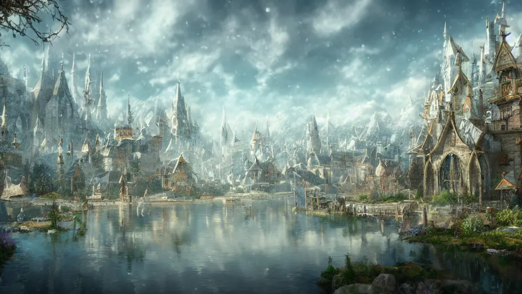 Image similar to a snow white city surrounded by a lake of holy water, fantasy artwork, very very very beautiful scenery, hd, hdr, ue5, ue6, unreal engine 5, cinematic 4k wallpaper, 8k, ultra detailed, high resolution, artstation, award winning