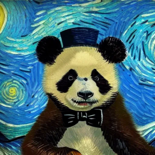 Image similar to a van gogh painting of a baby panda wearing a top hat, 4 k, hyper realistic, dslr, landscape, high resolution