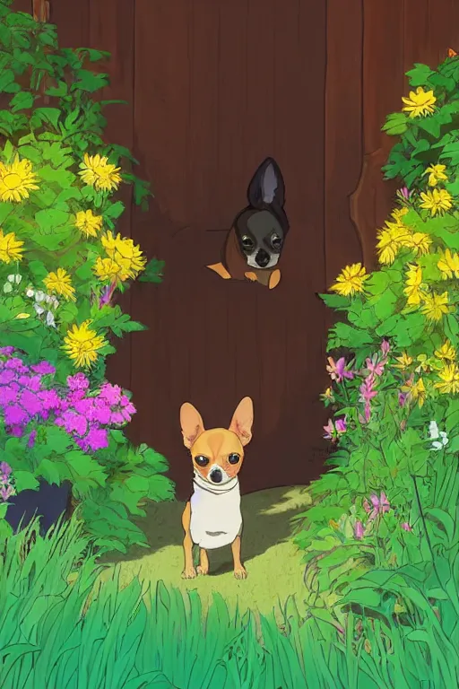 Image similar to A black and tan chihuahua looks through her garden gate, cel shaded cartoon in the style of studio Ghibli, sunny morning, cinematic lighting, summer