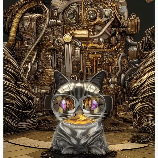 Image similar to gold and silver tones, cybernetic cat village, style of moebius, james jean, rutkowski, cinematic, high detail, award winning, 8 k photorealistic