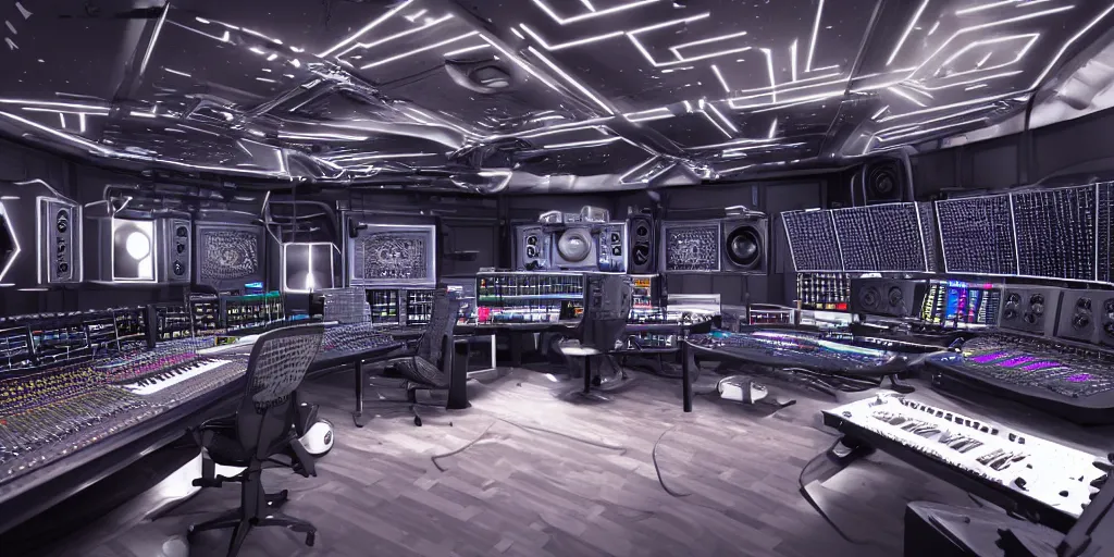 Prompt: giant futuristic music studio full of mixers, stands and speakers, led stripes, illuminated knobs, illuminated faders, intricate insanely detailed octane render, 8K artistic photography, photorealistic