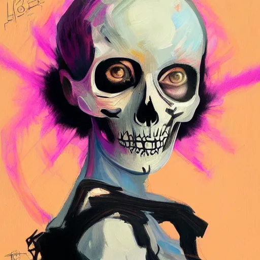 Prompt: a portrait of a girl skull face, angelic, angel, halo, in the style of banksy, van gogh, atey ghailan, vibrant colors and hard shadows and strong rim light, lucien freud, comic cover art, trending on artstation