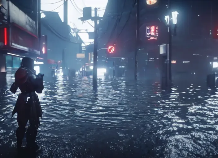 Image similar to 4k 60fps in-game destiny 2 gameplay showcase dark, misty, foggy, flooded rainy tokyo japan street in Destiny 2, liminal creepy, dark, dystopian, abandoned, highly detailed