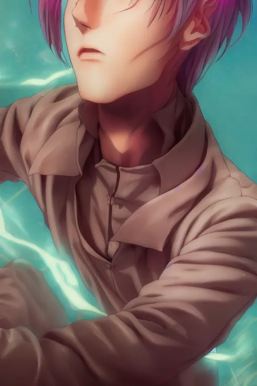 Image similar to anime manga guy emitting psychic powers, straight on, by artgerm, james jean, tom bagshaw, gerald brom, vaporwave colors, lofi colors, vaporwave, lofi, goth vibe, 4 k, smooth, hd, substance designer render, full body character concept art, perfect face, detailed face,