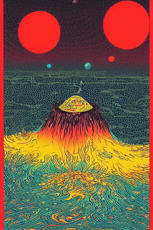 Image similar to a paper blotter tab of LSD acid melting into a surreal psychedelic hallucination, screenprint by kawase hasui, moebius and dan hillier, colorful flat surreal design, hd, 8k, artstation