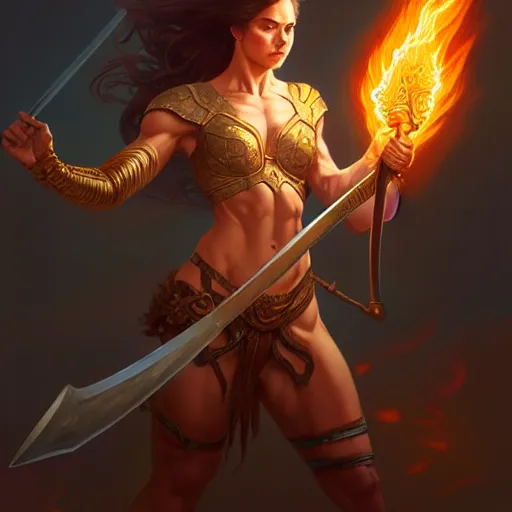 Prompt: female holding a flaming sword, muscular upper body, D&D, fantasy, intricate, elegant, highly detailed, digital painting, artstation, concept art, smooth, sharp focus, illustration, art by artgerm and greg rutkowski and alphonse mucha