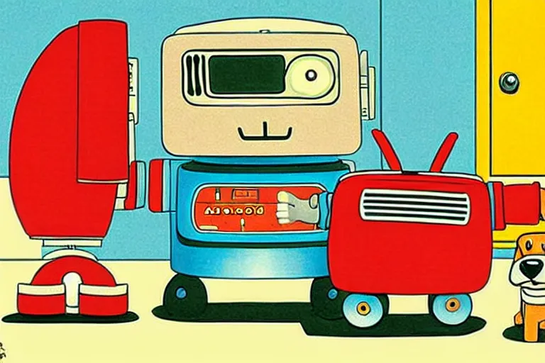 Prompt: a ( ( ( ( ( ( ( ( detailed illustration of a robot and a dog ) ) ) ) ) ) ) ) by richard scarry!!!!!!!!!!!!!! detailed