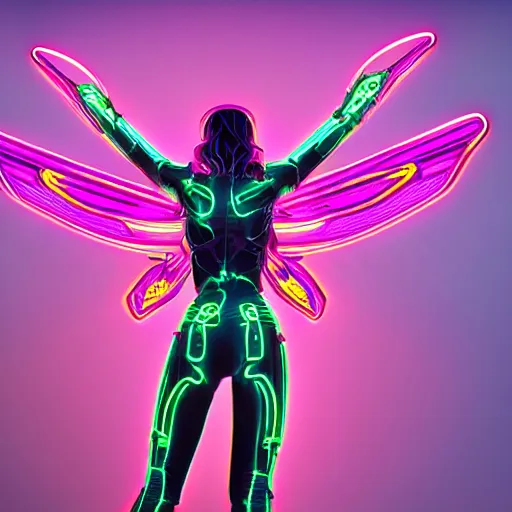 Image similar to Cyborg Woman, full-body shot of a woman with large mechanical wings, neon art style, futuristic art style, digital art, 8k quality, by Leo Avero and Eva Balloon, award-winning art