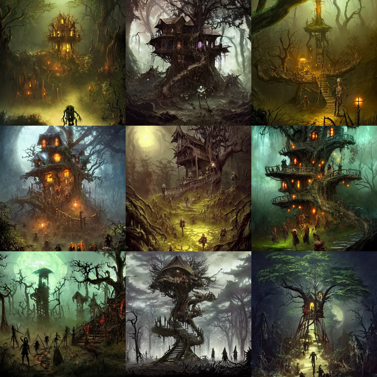 Prompt: a lot of zombies and skeletons running towards a beautiful elven tree house in a beautiful forest at night, fantasy art, conceptart, artstation, frank frazetta, 4 k