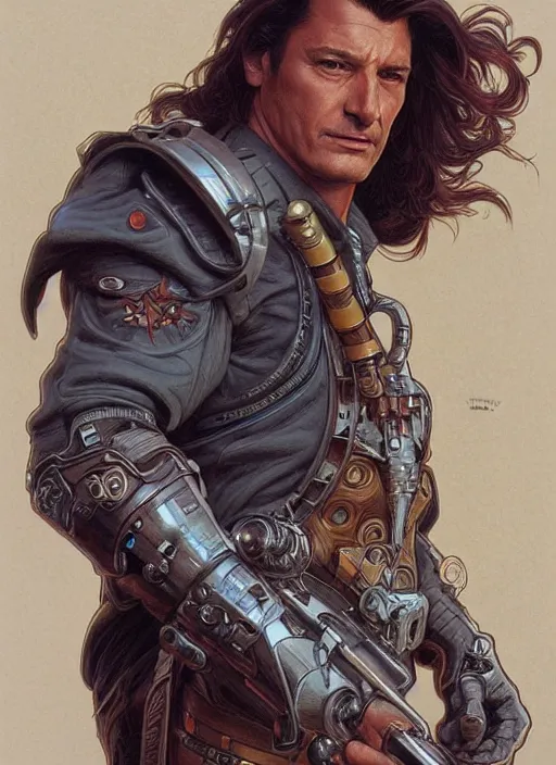 Image similar to Nathon Fillion as a ruggedly handsome space cowboy, intricate, elegant, highly detailed, centered, digital painting, artstation, concept art, smooth, sharp focus, illustration, art by artgerm and donato giancola and alphonse mucha