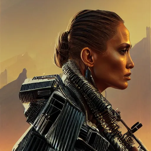 Image similar to highly detailed portrait jennifer lopez wearing shiny plastic crop top bladerunner, glistering skin, oiled, in gta v, stephen bliss, unreal engine, fantasy art by greg rutkowski, loish, rhads, ferdinand knab, makoto shinkai and lois van baarle, ilya kuvshinov, rossdraws, tom bagshaw,