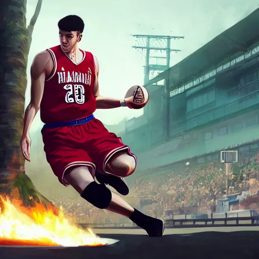 Image similar to highly detailed hanamichi sakuragi of slam dunk, in gta v, stephen bliss, unreal engine, fantasy art by greg rutkowski, loish, rhads, ferdinand knab, makoto shinkai and lois van baarle, ilya kuvshinov, rossdraws, tom bagshaw, global illumination, radiant light, detailed and intricate environment