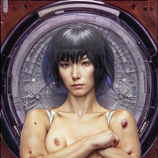 Image similar to Major Kusanagi from Ghost in the Shell drawn by Donato Giancola and Tom Bagshaw, face by Artgerm and Edmund Leighton, Alphonse Mucha, background by James Jean and Gustav Klimt, 4k, porcelain skin, komorebi, french nouveau, trending on artstation, octane render, hyperrealistic