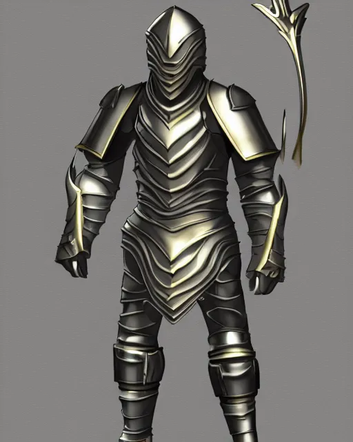 Image similar to suit of fantasy armor, shiny silver armor with gold trim, clean, flat shading, deviantart