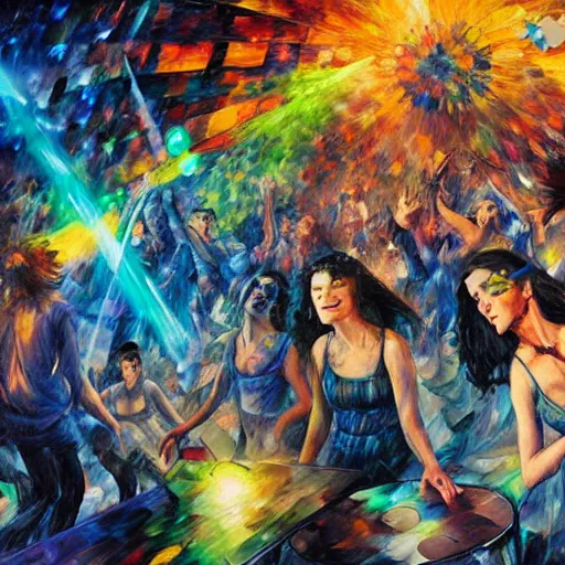 Prompt: rave dance party with lasers by arthur adams, charlie bowater, leonid afremov, chiho ashima, karol bak, david bates, tom chambers