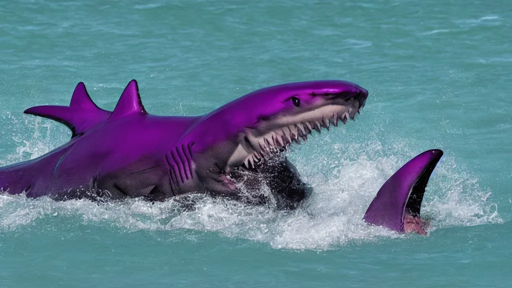 Prompt: A boerboel as a shark biting a purple inner tube