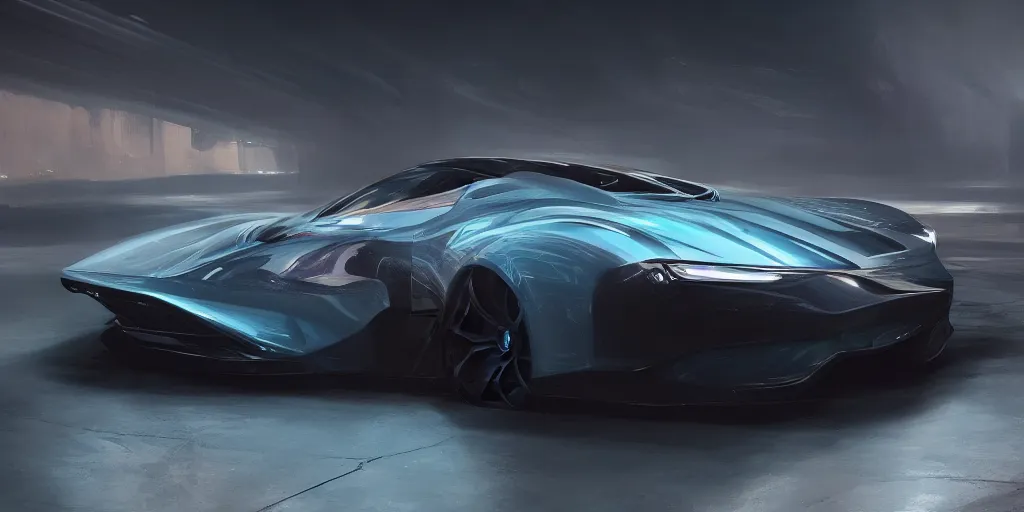 Image similar to a custom-built sport car, painted in dark color holographic pearlescent, elegant, digital painting, concept art, smooth, sharp focus, art style from Wang Ke and Greg Rutkowski and Bruce Kaiser and Scott Robertson and Dmitry Mazurkevich and Doruk Erdem and Jon Sibal