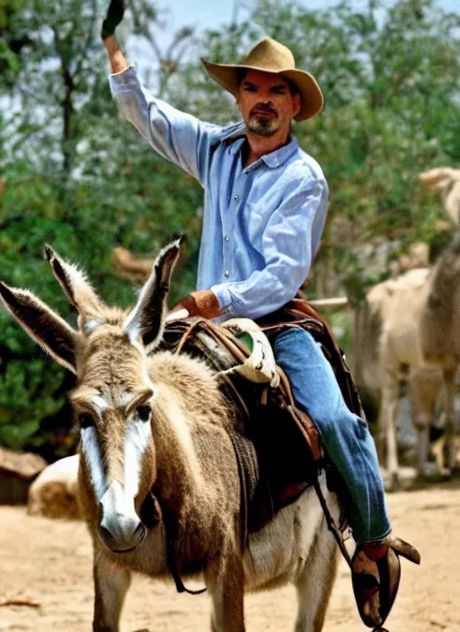 Prompt: photo realistic photo of billy bob thornton riding a donkey