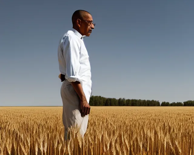 Image similar to extreme long shot of walter white and gustavo fring standing facing each other from a distance in a wheat field, low angle, side view, perfect angle, 8 5 mm photograph, 8 k resolution, wide shot, sharp lens, high detail, cinematic