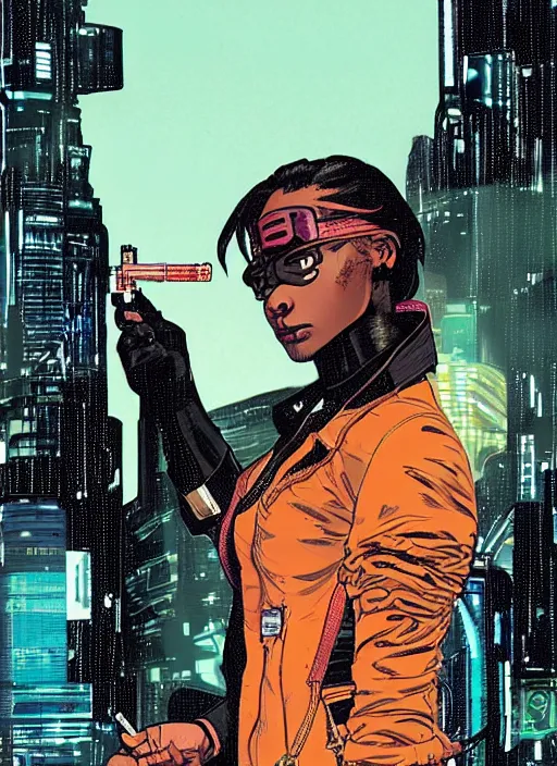 Image similar to selina igwe. cyberpunk mercenary with scenic background. portrait illustration, pop art, art by ashley wood, alphonse mucha, laurie greasley and josan gonzales. cinematic. beautiful lighting.