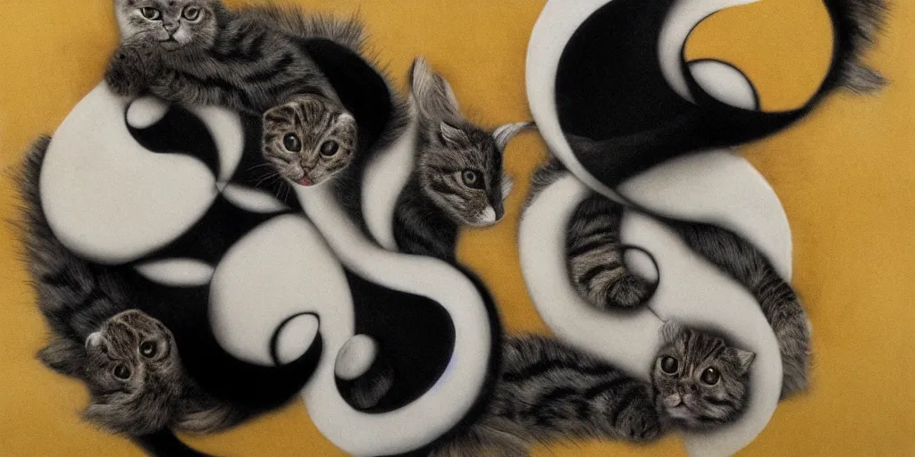 Image similar to realistic scene of cats as ying yang, golden, delicate, hyper realism, 1 4 5 0, ink, ultra realistic, 8 k