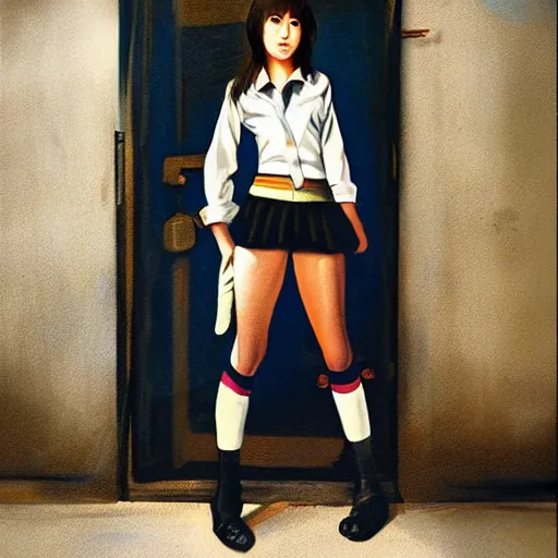 Image similar to a perfect, realistic professional 70s oil painting of a Japanese schoolgirl posing in a dystopian alleyway, style of Marvel, full length, by a professional American senior artist on ArtStation, a high-quality hollywood-style concept