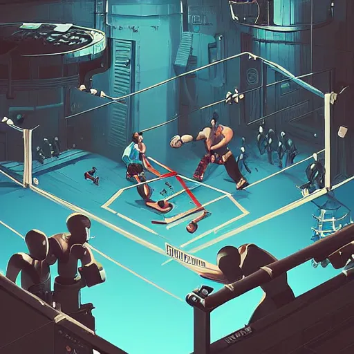 Prompt: a beautiful highly detailed vector illustration close up of a boxing match with robots in a factory, punk styling by atey ghailan, cliff chiang, loish and goro fujita, silver, silver, brown, black, blue and cyan tones, featured on artstation, featured on behance, grunge aesthetic