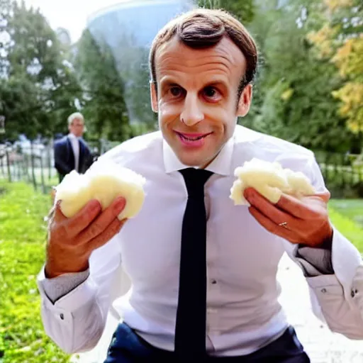 Prompt: Emmanuel macron with a mouth full of mashed potatoes