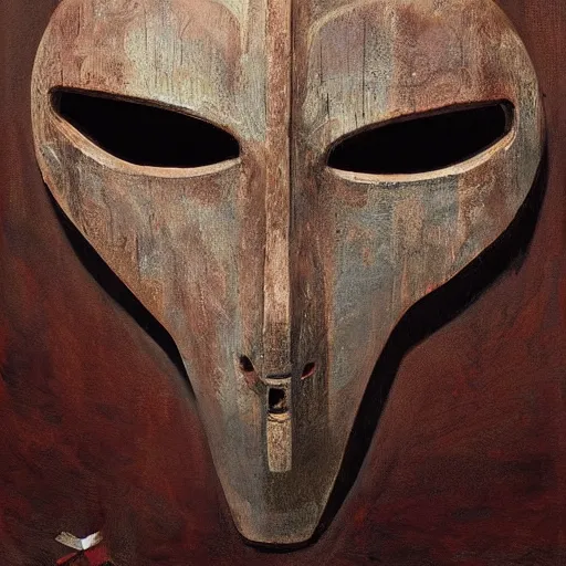 Prompt: wooden mask with four eye holes, symmetrical, oil painting, by Greg Rutkowski
