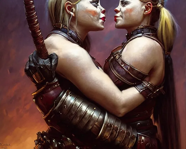 Prompt: romantic fantasy oil painting portrait of two female orc warriors kissing, wearing leather armor. fantasy art by greg rutkowski and john singer sargent