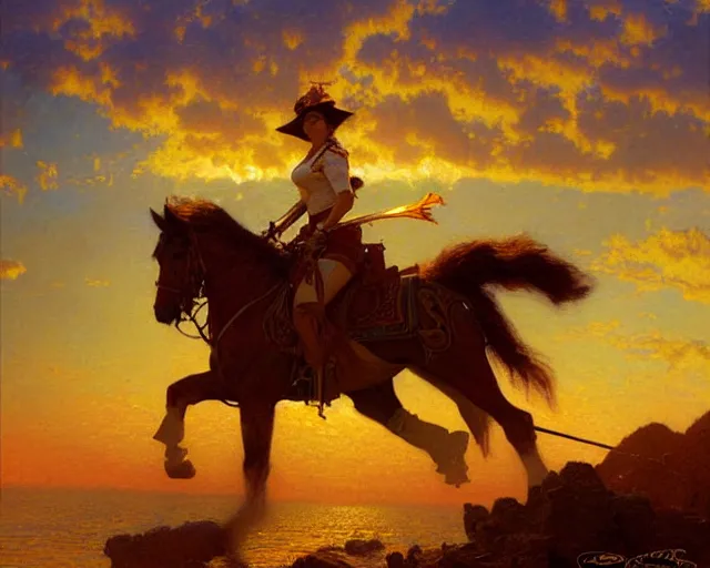 Image similar to female sheriff riding at sunset, highly detailed painting by gaston bussiere, craig mullins, j. c. leyendecker 8 k