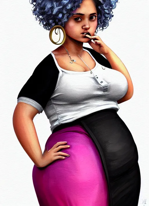 Prompt: full body portrait, teenage vanessa morgan, pink hair, obese, curly pixie hair, sultry, realistic, short hair, hoop earrings, skirt, shirt, fat, belly, black girl, intricate, elegant, highly detailed, digital painting, artstation, concept art, smooth, sharp focus, illustration, art by wlop, mars ravelo and greg rutkowski