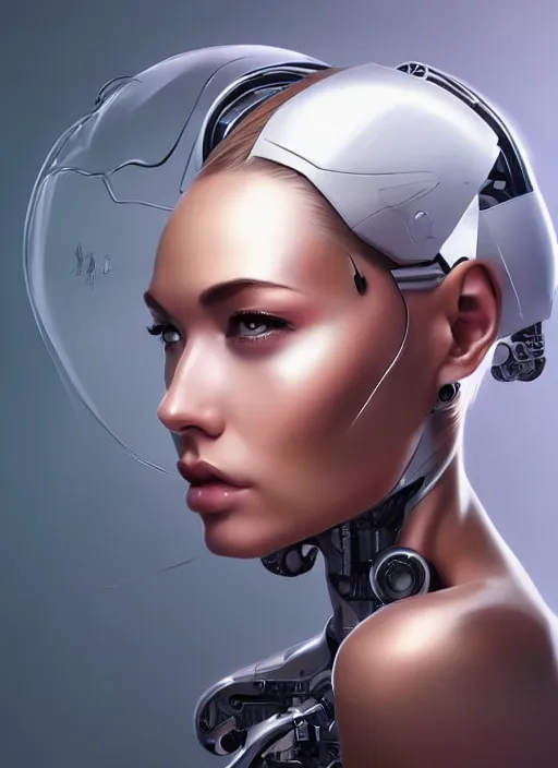 Prompt: portrait of a cyborg woman by Artgerm, (((((face turns left))))) ((((face turns right)))), eyes closed , biomechanical, hyper detailled, trending on artstation