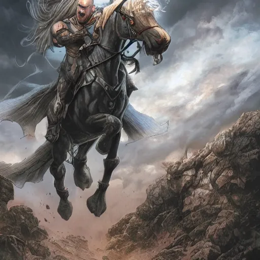 Prompt: chonky bald grey bearded ethan van sciver riding a dark horse into battle, full view, beautiful zoomed out artwork by artgerm and rutkowski, breathtaking, beautifully lit, dramatic, full view