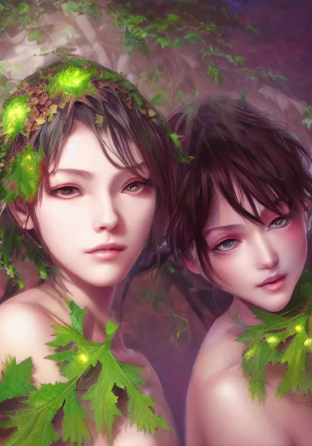 Image similar to A realistic anime portrait of a beautiful dryad twins with glowing green eyes and tree bark skin wearing clothes made of leaves, digital painting, by Stanley Artgerm Lau, Sakimichan, WLOP and Rossdraws, digtial painting, trending on ArtStation, SFW version