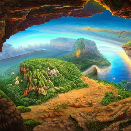 Prompt: view from the balcony, vast cliff side with psychedelic caves, by josip csoor, by vladimir kush, by laurie lipton, hyperrealistic, detailed, 8 k resolution, landscape, psychedelic, rendered in lumion, cosmic, electric