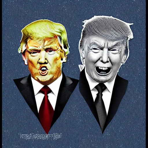 Prompt: portrait of donald trump and putin, evil looking, sharp teeth, in the style of benoit b. mandelbrot