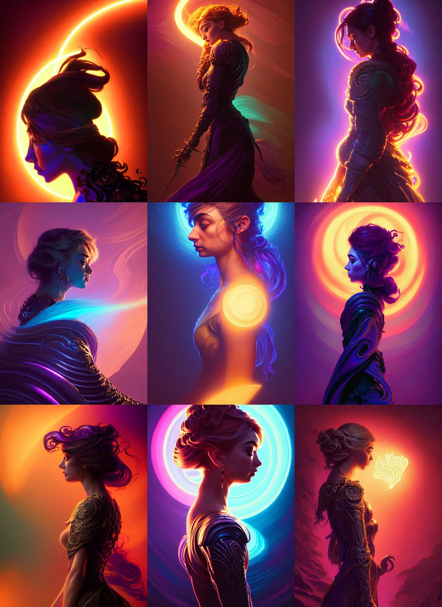 Prompt: side portrait, imogen poots dark paladin, gloomhaven, soft, smooth, luminescent, art nouveau tarot, backlit glow, colorful swirly ripples, gaudy colors, aesthetic octane render, unreal engine, 8 k, by greg rutkowski, jesper ejsing, rhads, ilya kuvshinov, cushart krenz