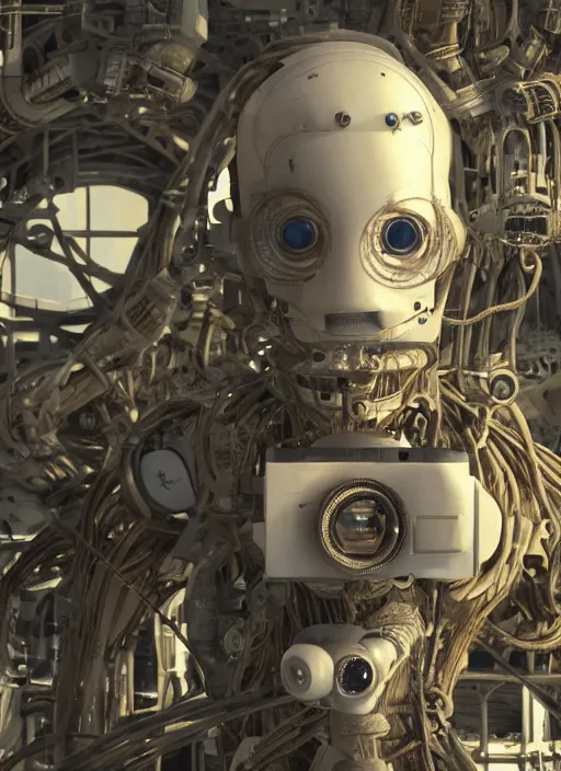 Image similar to automaton with an old - school camera for a head, sci - fi, dystopian, 4 k, realistic, render, detailed, gears, wires, cables, gadgets