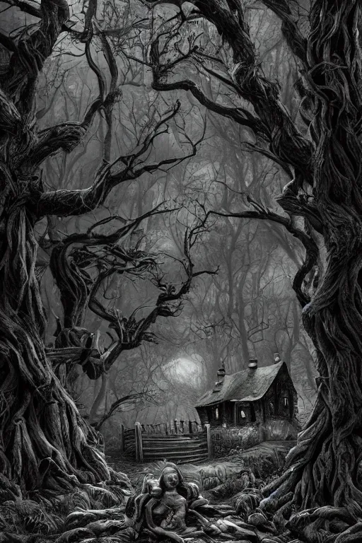 Prompt: a witch's cottage in a dark forest, with several broken statues, gnarled trees, a smoking firepit, HD, 4k, 8k, incredibly detailed, intricate, ominous, masterpiece, digital illustration, trending on artstation