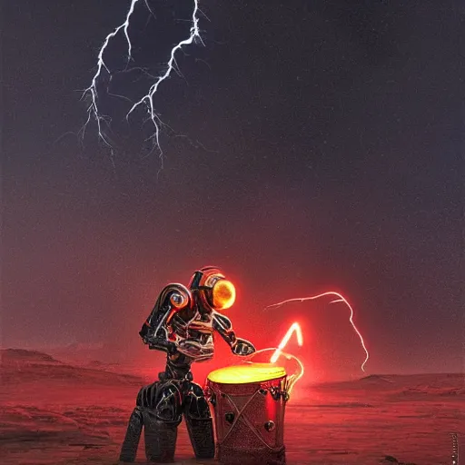 Prompt: UHD closeup of a Photorealistic Robot playing Drums during a wicked lightning storm on Mars, with a cool pose, by Antonio Caparo and Ferdinand Knab and Greg Rutkowski, UHD, photorealistic, trending on artstation, trending on deviantart