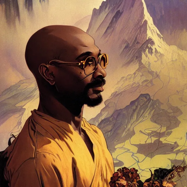 Image similar to an aesthetic! a detailed image of a black man, bald head, spectacles, with mountains of gold in the background, by frank frazetta and alphonse mucha, oil on canvas, art nouveau dungeons and dragons fantasy art, hd, god rays, ray tracing, crisp contour lines, huhd