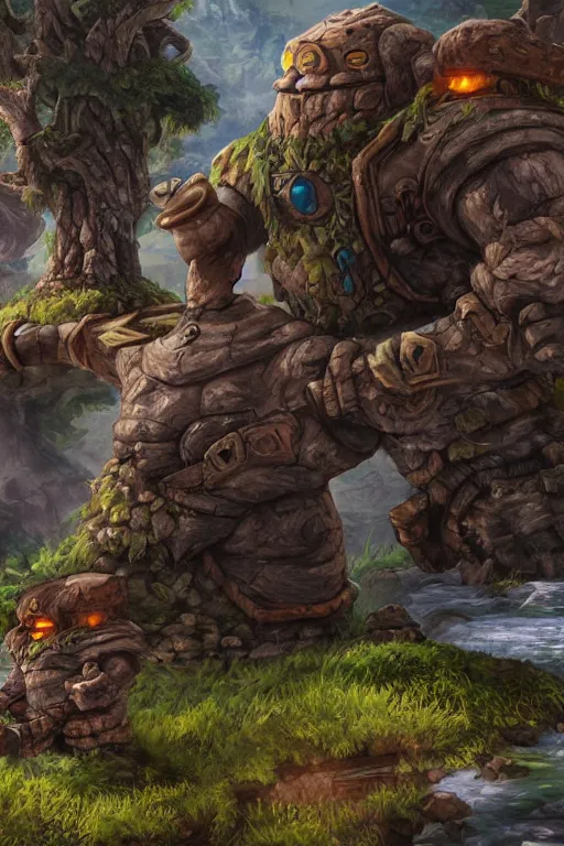 Image similar to zelda fantasy art giant golem troll wood rock greeble gemstone, global illumination ray tracing hdr fanart arstation by sung choi and eric pfeiffer and gabriel garza and casper konefal